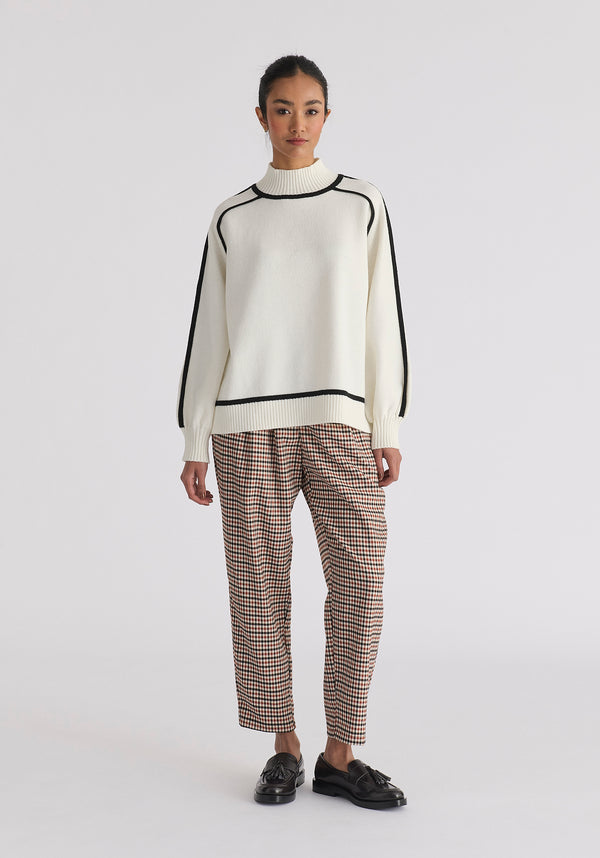 Contrast Stripe Piping Mock Neck Jumper in White and Black